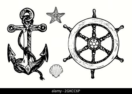 Anker, Schiffsrad, Seestar und Muschel.`s Tusche schwarz-weiß Doodle Zeichnung in Holzschnitt skizzieren Stil Illustration Stockfoto